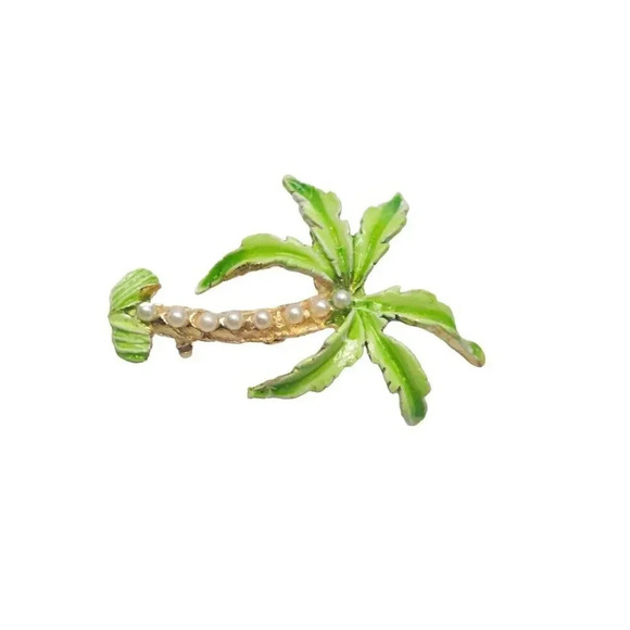 Faux Pearl Beaded Green Enamel Tropical Palm Tree Brooch Pin Gold Tone Vintage - Picture 2 of 4